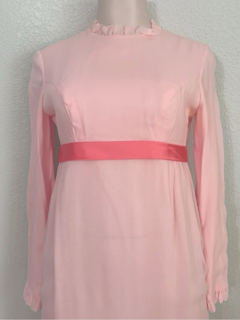 Vintage 1960s Pink Silk Chiffon Empire Waist Maxi Dress Shantung Lining SZ S - Picture 4 of 11